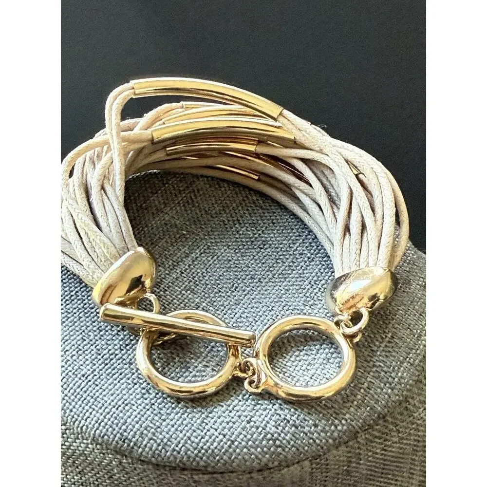Multi Strand Cord Bracelet Gold Tone Toggle Clasp Statement Beige Boho Festival